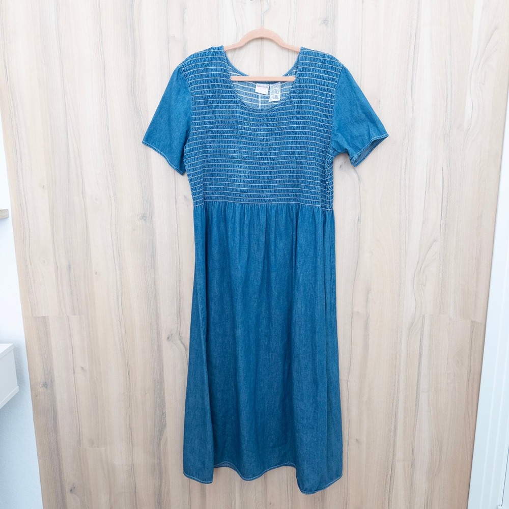 Vintage Bobbie Brooks Denim Maxi Dress XL Smocked Short Sleeve Prairie Western